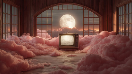 Vintage Living Room with Full Moon View and Retro TV Surrounded by Pink Cloud Furniture
