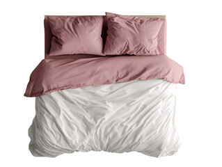 An inviting overhead shot showcases a meticulously arranged bed, complete with soft pillows and a duvet, isolated on a white background