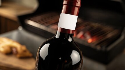 A bottle of rich red wine stands ready for a relaxed barbecue evening with friends with blurred