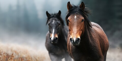 Horses roam through misty forest landscape at dawn near a tranquil valley