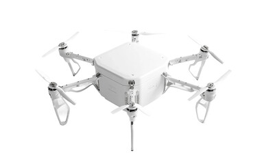 Compact white drone cargo delivery system designed for efficient autonomous package transport isolated on transparent background PNG