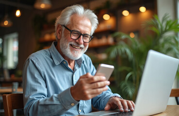 Attractive senior man in a cafe smiles while using mobile phone, laptop. Cheerful elderly male uses tech expressing happiness contentment. Relaxed atmosphere in eatery. Senior citizen online.
