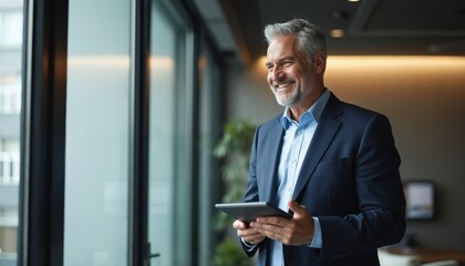 Fototapeta premium Smiling middle-aged businessman in suit using digital tablet. Mature executive manager looking away. Happy ceo holding tech device in modern office. Professional corporate leader in successful job.