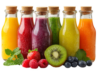 A colorful arrangement of assorted fresh juices, presented in elegant glass bottles and adorned with refreshing fruits and herbs. isolated on a white background