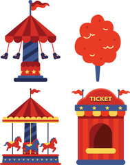 Swing Ride, Cotton Candy, Carousel, Ticket Booth, Colorful, Carnival Set Vector Illustration