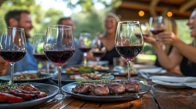 Friends toasting with red wine and grilled steak at an outdoor feast joyful laughter echoing sharp