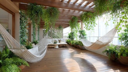 eco terrace with hammocks, abundant greenery, wooden floor, natural light, relaxing vibe