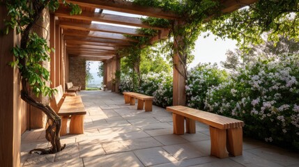 Obraz premium eco terrace with wooden benches, blooming bushes, stone floor, warm natural light
