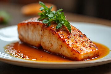 A succulent pan-seared salmon fillet with a rich glaze, garnished with fresh parsley, ready to be enjoyed.