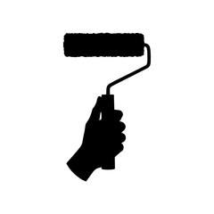 Hand holding paint roller silhouette vector flat illustration design.