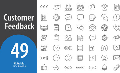 Customer Feedback Line Icons, Review, Rating, Survey, Comments, Satisfaction Meter, Editable Formats: AI, EPS, JPG, PNG, Ideal for Both Digital and Print Use
