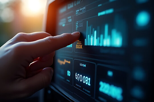 Hand interacts with a glowing digital screen displaying data charts and numbers, representing advanced technology and analytics.