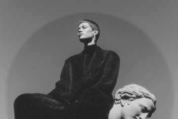 Black and White Portrait of Woman in High Fashion Pose with Circular Shadow
