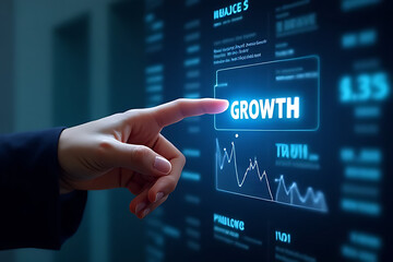 A business professional's hand selects 'GROWTH' on a glowing digital interface with financial charts, symbolizing success.