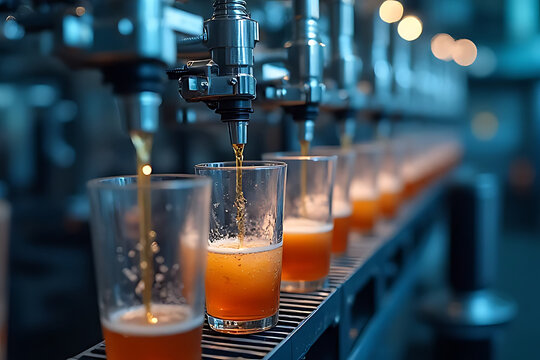 A close-up of an automated production line in a brewery, where multiple taps are simultaneously filling a row of glasses with fresh, frothy beer.