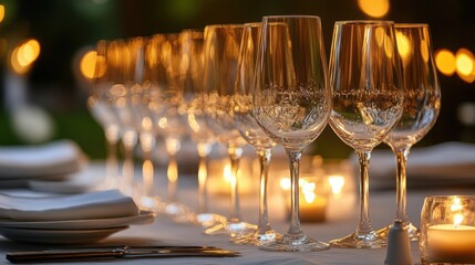 An elegant table set with crystal glasses and flickering candles awaits an unforgettable evening