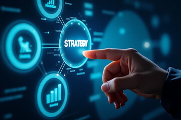 A hand interacts with a futuristic digital interface, pointing to a central STRATEGY button linked to business data icons.