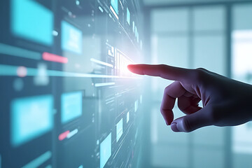 A hand interacts with a large, futuristic touch screen, navigating a complex, glowing digital interface