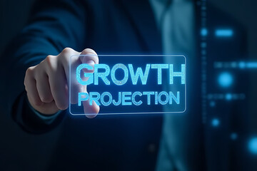 A hand interacts with a 'Growth Projection' button on a futuristic, transparent digital interface.