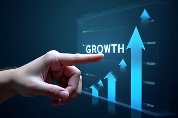 A hand points at a digital chart with glowing arrows and the word 'GROWTH,' symbolizing business success and progress