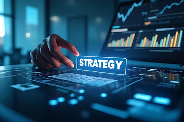 A hand selects a glowing 'STRATEGY' button on a futuristic dashboard, with financial data analysis on a laptop.