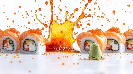 Sriracha sauce splashing dramatically onto sushi rolls and wasabi, creating a fiery contrast with the food, isolated on white background,