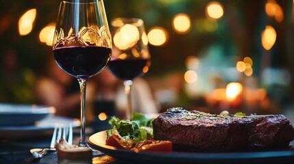 Indulging in a romantic steak dinner with red wine under twinkling lights celebrating love and