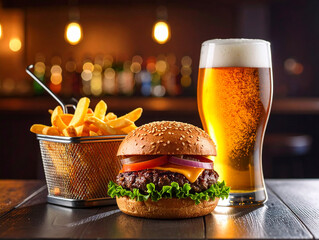 Rustic Pub Snack Set – Hamburger, Fries & Draft Beer