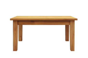 Wooden rectangular dining table with four legs in natural finish on transparent background