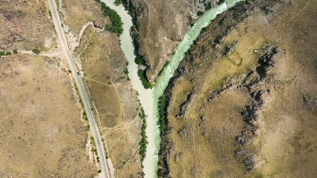 Aerial view of river and road, Kyrgyzstan.
