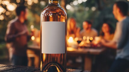 Wine bottle standing tall a centerpiece for an evening gathering with friends warm bokeh lights in