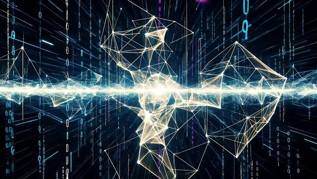 Futuristic digital network with glowing lines binary code and bright central light