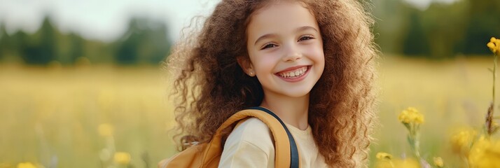 Happy schoolgirl with curly hair, wearing a backpack, smiling brightly in a vibrant field of yellow flowers, savoring the joys of summer before returning to school