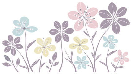Vector art of a collection of pastelcolored flowers, delicately drawn and isolated on transparent background, perfect for spring and summer designs