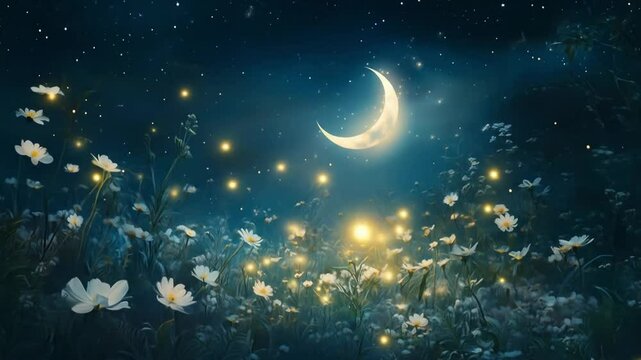 Dreamy night sky with moon and glowing flowers in a mystical garden  