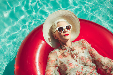 Senior Woman in Sunglasses Relaxing in Pool Float with Sun Hat
