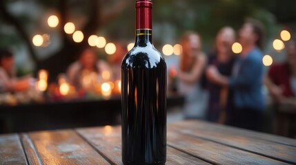 A sleek wine bottle sits amidst a warm outdoor gathering friends sharing stories under string lights
