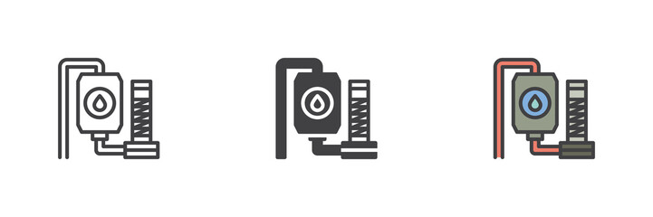 Refinery system icon set in line, solid and filled outline style