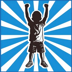 Obraz premium Dynamic silhouette of a boy celebrating victory against a burst of radiant blue and white rays