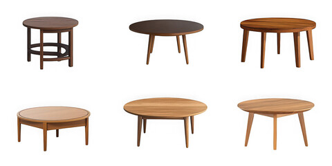 Collection of six modern wooden round tables with different designs isolated on transparent background
