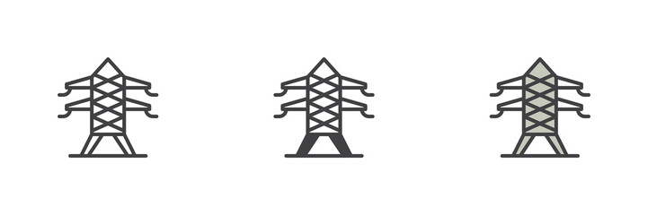 Power line tower icon set in line, solid and filled outline style