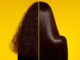 Split image displays curly  straight dark hair against a yellow backdrop Hair is centered contrasting textures on either side of a line