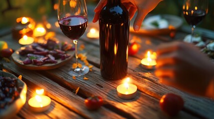 An intimate gathering with wine and candlelight creates a magical evening atmosphere on rustic