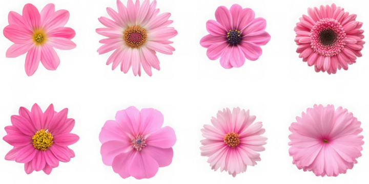 Collection of eight delicate pink daisy like flowers isolated on transparent background