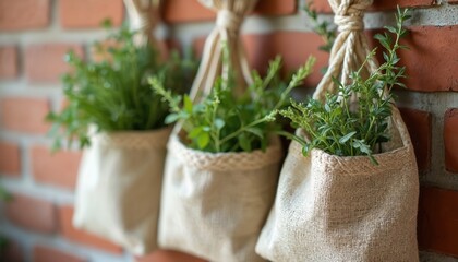 Eco-friendly string bags hanging on brick wall with green plants. Sustainable shopping concept, natural fiber tote bags for groceries. Eco-conscious lifestyle, organic, reusable shopping.
