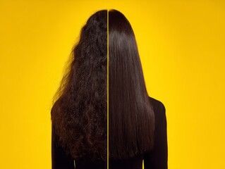 Woman with half frizzy half straightened black hair split by a yellow line on a yellow background seen from the back