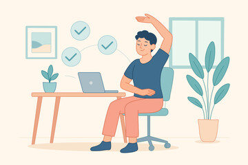 Remote worker doing chair yoga mental health workplace wellness illustration