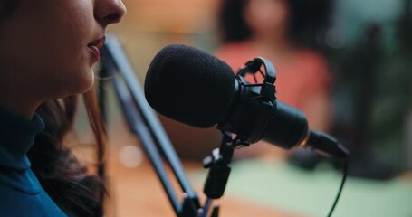 Mouth, woman and host with mic for podcast, content creation or live stream of interview on website. Creative, podcaster and people with tech for talk show, media and digital journalism in studio - Powered by Adobe