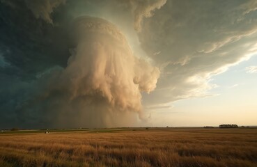 Dramatic sky over vast prairie. Storm clouds, rain, sunlit field. Midwest tornado season powerful weather event, agricultural area. Atmospheric landscape, perfect for weather, nature reports.