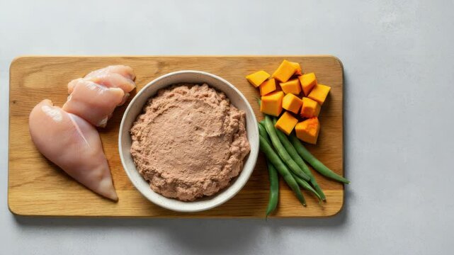 Raw chicken, cubed squash, green beans, and pate on wooden board